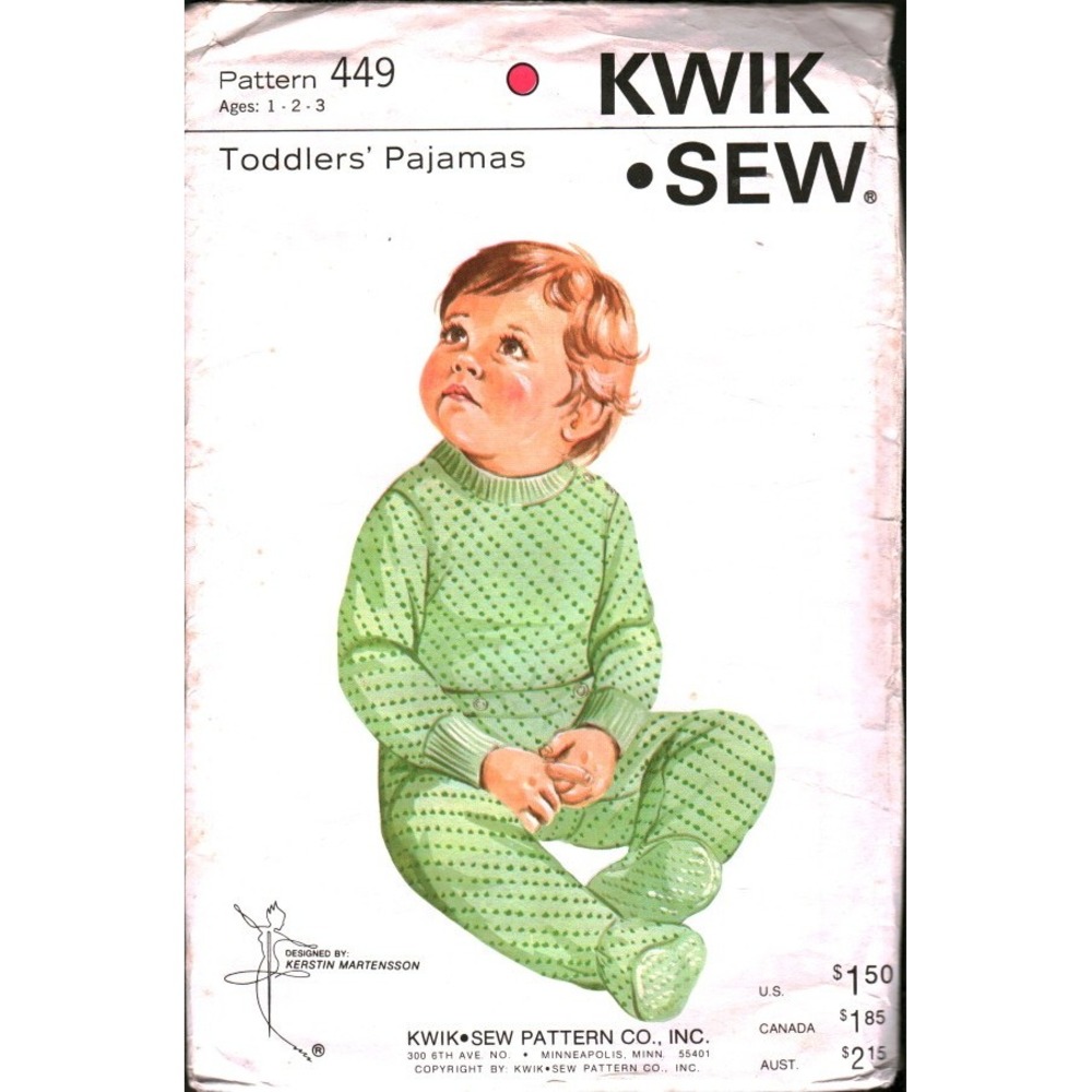 Vintage Kwik Sew 449 Toddlers Pajamas Sewing Pattern Sz 1 2 3 Kerstin Martensson